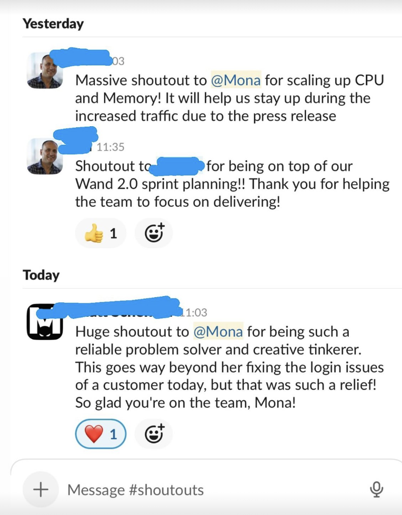 Work appreciation and shoutouts